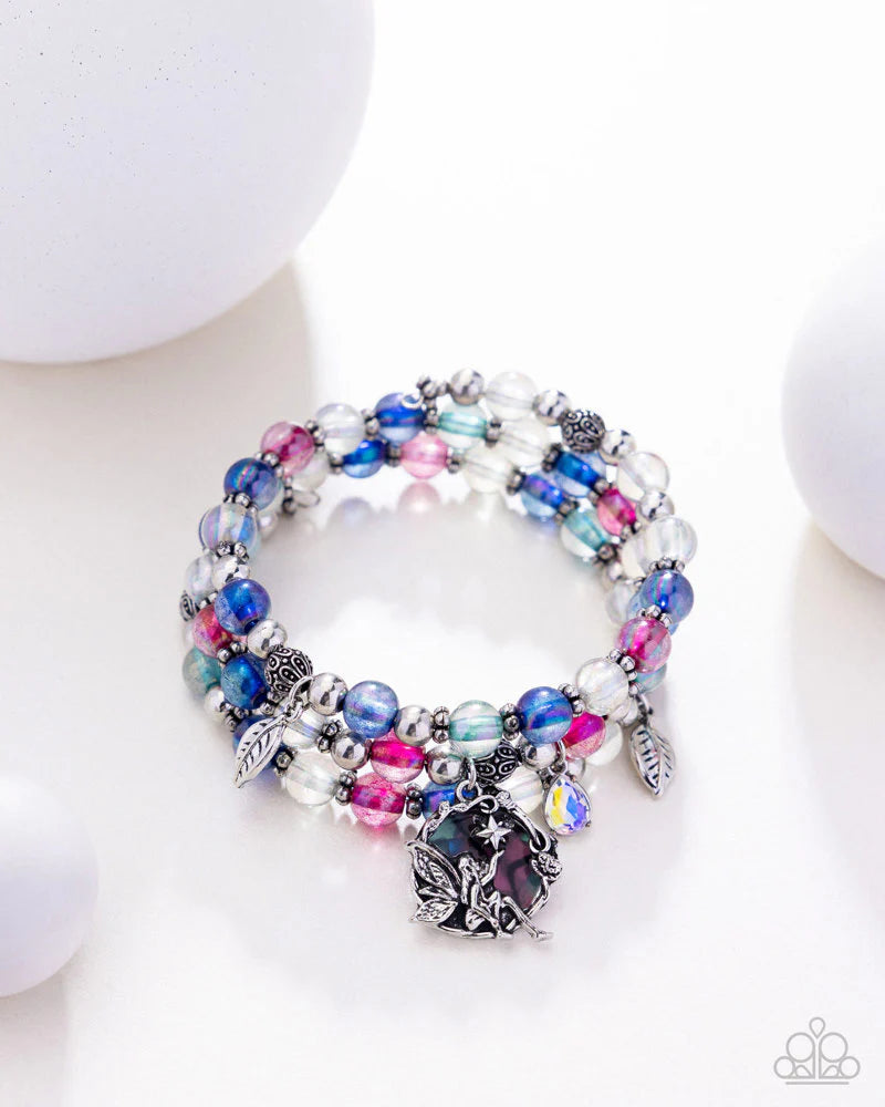 FAIRY HAVEN - MULTI BLUE PINK BEAD SILVER FAIRY CHARM COIL BRACELET - PAPARAZZI