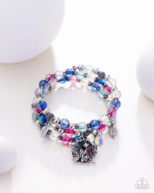 FAIRY HAVEN - MULTI BLUE PINK BEAD SILVER FAIRY CHARM COIL BRACELET - PAPARAZZI